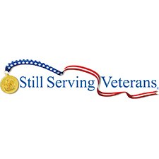 Medal and red-blue ribbon veterans support logo